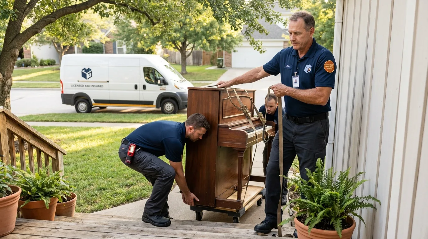 Licensed piano movers securing grand piano in Moorcroft, WY